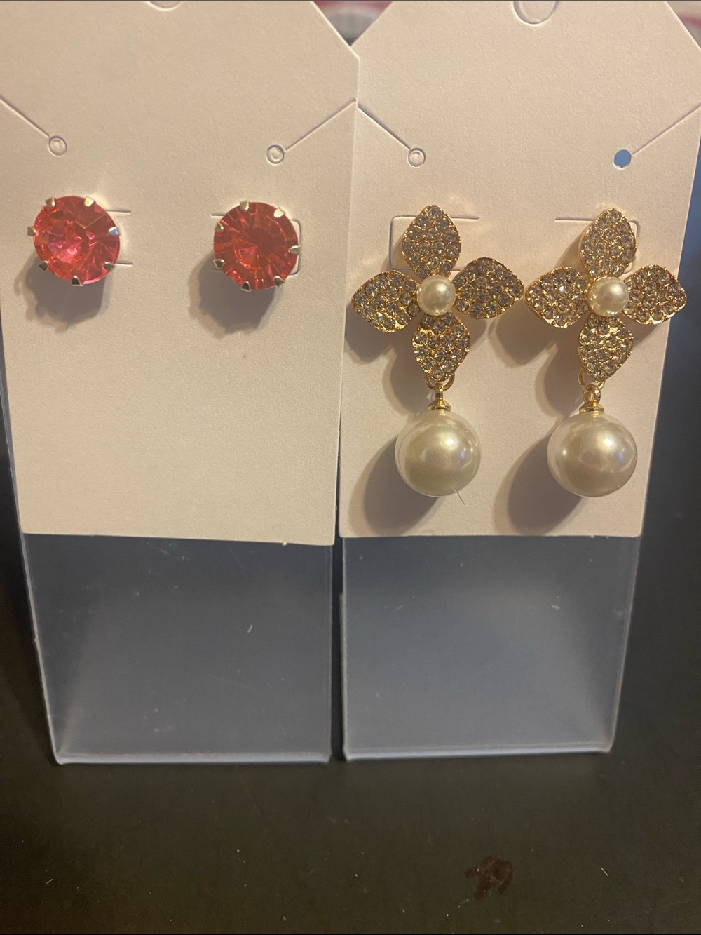 Fashion Jewelry Gold Floral Pearl Drop Earrings with Pink Crystal Studs